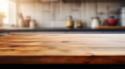 Fototapeta na wymiar Wooden Kitchen Tabletop with Blurred Background for Product Display Montage