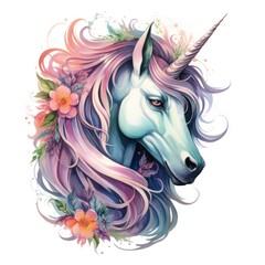 cute unicorn in watercolor style isolated on white background, Generative AI