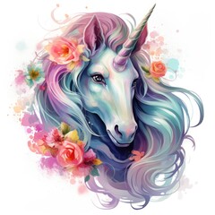 cute unicorn in watercolor style isolated on white background, Generative AI