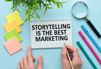 Storytelling is the best Marketing text written on a paper with pencils in office