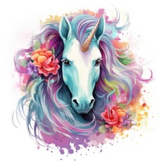 cute unicorn in watercolor style isolated on white background, Generative AI
