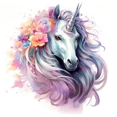 Obraz na płótnie Canvas cute unicorn in watercolor style isolated on white background, Generative AI