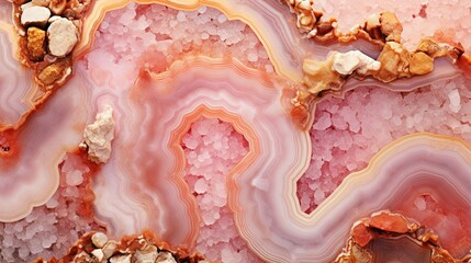 Generative AI, natural volcanic agate stones close-up light pink magenta and golden texture. Wallpaper background, quartz marble, decorative rock pattern. - obrazy, fototapety, plakaty
