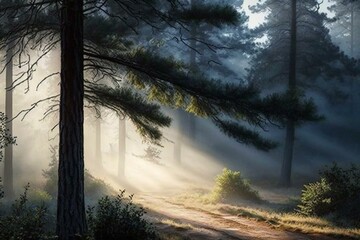 Misty pine woods with sunlit trees, a tranquil park at dawn. Generative AI
