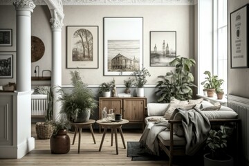 A neutral living space with wooden furnishings and decorative posters. Generative AI
