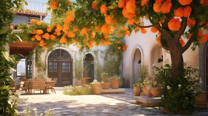  an orange tree in front of a house with potted plants.  generative ai