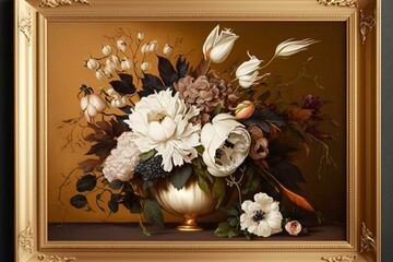 Stunning floral arrangement on gold background framed with white fabric. Generative AI