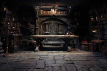 An old wooden table in front of a bookshelf in a old castle room