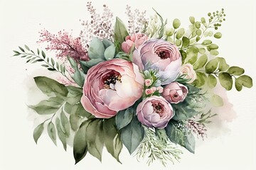 Pink watercolor floral bouquet with greenery, perfect for weddings and greetings. Generative AI