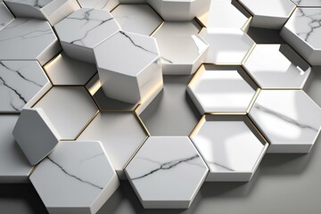 3D illustration of glossy white hexagonal tiles made of marble. Generative AI