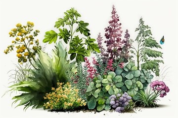 Assorted flowers and plants in a white background garden. Generative AI