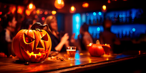 Jack-o-lantern on the bar and friends on the background 