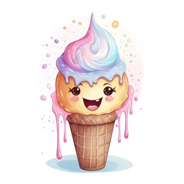 cute ice cream with face in watercolor style isolated on white background, Generative AI	