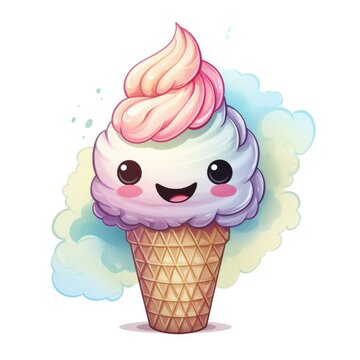 cute ice cream with face in watercolor style isolated on white background, Generative AI	