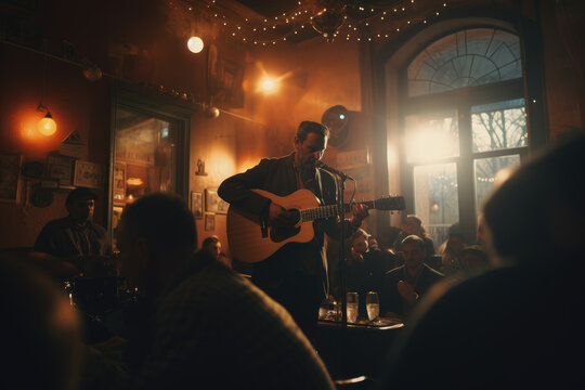 Unplugged Serenade. Intimate Concert in a Small Venue with Acoustic Guitarist. AI Generative