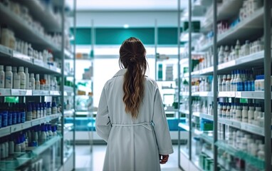 Back view of woman pharmacist cashier in a white coat stand in pharmacy store, shelves with health products, back view, generative ai