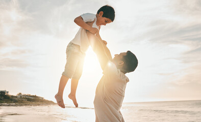 Beach, love and father lifting boy child with freedom, smile and travel celebration in nature....