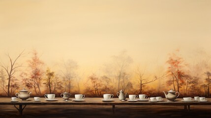  a painting of a table with tea cups and saucers on it.  generative ai