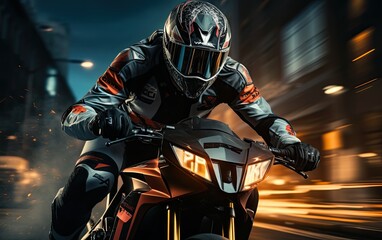 Fototapeta na wymiar A motorbike rider is speeding in the wind, wearing streamlined motorciclist clothes and helmet, generative ai
