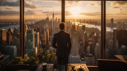 man in new york looking out the window - obrazy, fototapety, plakaty