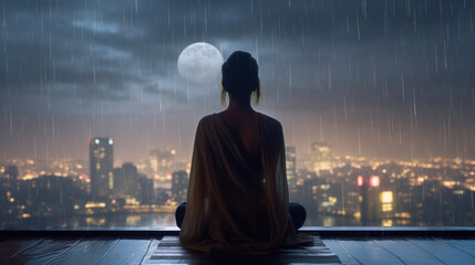 Fototapeta na wymiar A peaceful scene of a woman meditating in a quiet room with breathtaking views to the City at night. Yoga, De Rose, Wellness and mindfulness concept. AI Generative 