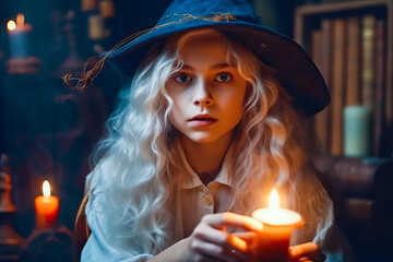Portrait of Little girl witch in witches hat with candle makes a spell. Halloween concept