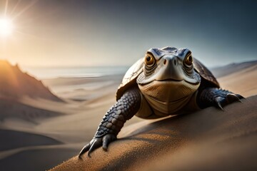 Żółw idący na pustyni - obrazy, fototapety, plakaty