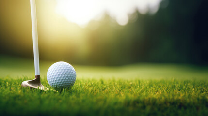 Obraz premium Golf club and ball in grass concept. Golf balls on the golf course with golf clubs ready for the first short. In the morning, with the beautiful sunlight.