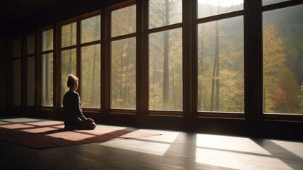A peaceful scene of a woman meditating in a quiet room with breathtaking views to the lake. Yoga, De Rose, Wellness and mindfulness concept. AI Generative	