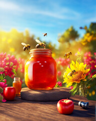 Obraz na płótnie Canvas Bees fly over a jar of honey, which is on a wooden table, there is also a red apple on the table, against the background of wild flowers.