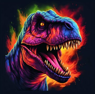 Roaring tyrannosaurus rex isolated on black background.  Dinosaur head vector color 3D illustration.