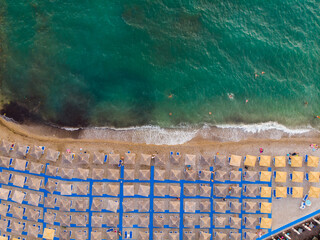 Aerial photographs. View from flying drone. Birds-eye view of beach in Montenegro. Top view