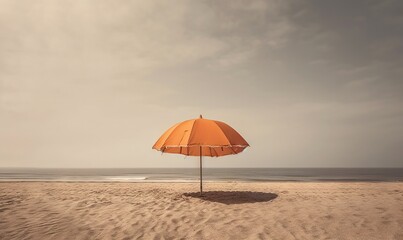  an orange umbrella sitting on top of a sandy beach next to the ocean. generative ai