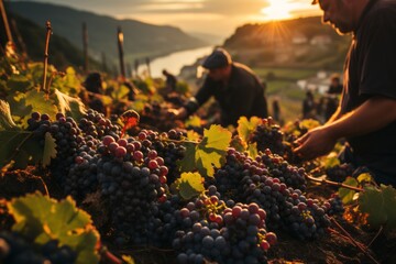 An vineyard workers harvesting grapes, capturing the essence of the traditional winemaking process. Generative Ai