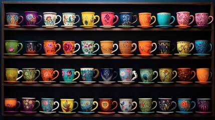 Fototapeta premium a shelf filled with lots of different colored coffee mugs. generative ai