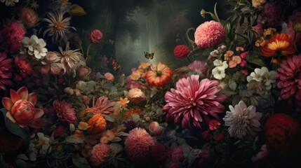 Fototapeta na wymiar Wallpapers of a floral arrangement, in the style of dreamy surrealist compositions, vignetting, old masters, lush and detailed image.