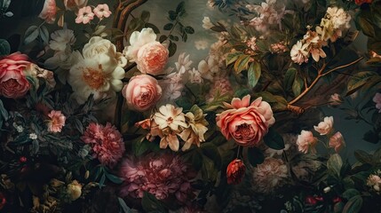 Wallpapers of a floral arrangement, in the style of dreamy surrealist compositions, vignetting, old masters, lush and detailed image. - obrazy, fototapety, plakaty