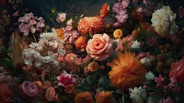 Wallpapers of a floral arrangement, in the style of dreamy surrealist compositions, vignetting, old masters, lush and detailed image.