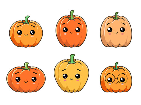 Cute Pumpkin Characters Collection. Illustration On Transparent Background