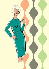 Retro Fashion Woman Dress Mode Poster. 1960s Vintage  Female Style Illustration