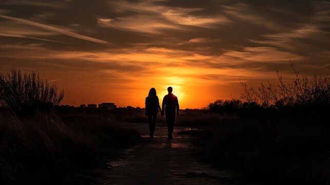 silhouettes couple holding hands at sunset. Generative AI