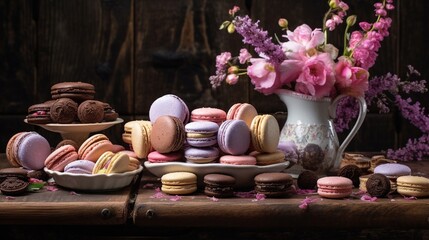  a table topped with lots of different types of macaroons.  generative ai