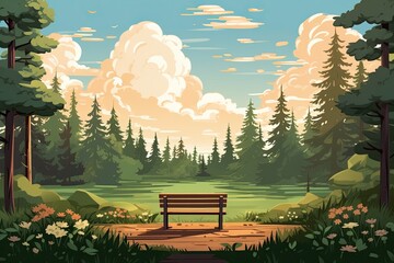 The sun shines through the trees onto a park bench. (Generative AI)