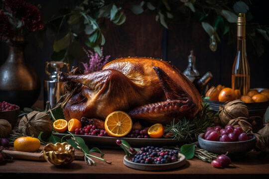 a close up of a Thanksgiving turkey with all of the fixings and decorations, AI generated, Generative AI, AI Art, illustration,