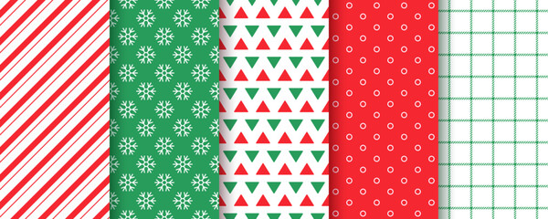 Seamless pattern. Christmas backgrounds. Set Xmas prints. Noel textures with candy cane stripes, polka dot, snowflakes, triangle and check. Holiday packing papers for scrap design. Vector illustration