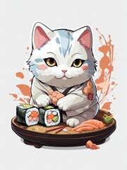 Japanese sushi cat with a kimono in a food bowl, cartoon style