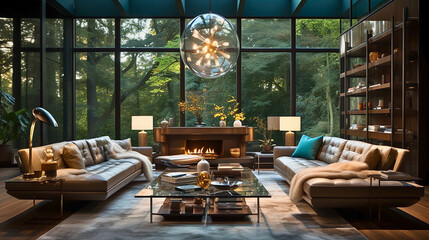 A sleek, minimalist living room with balanced symmetrical arrangements, geometric patterns, and modern furniture, exuding an industrial charm.