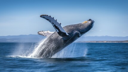 Fototapeta premium Whale Jumping From Open Water in Sea Under Blue Cloudy Sky With Bright Sun