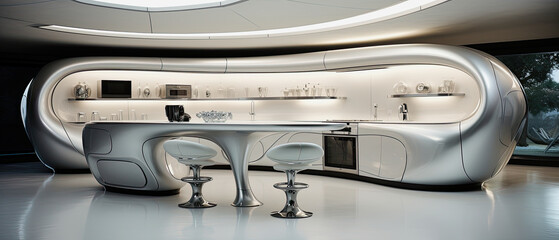 futuristic white silver kitchen