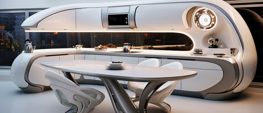futuristic white silver kitchen